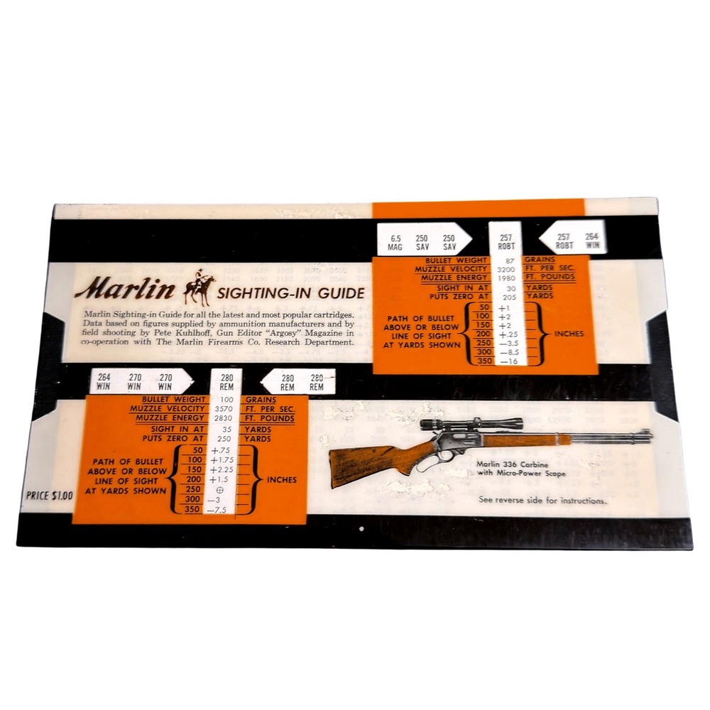 Vintage Marlin Sighting-In Guide Ballistics Slide Chart Calculator 1969 Rev